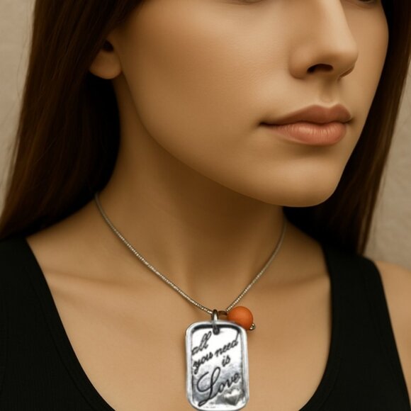 Vantel P. Silver Overlay Necklace with Genuine Coral Stone - 24-inch Snake Chain - Picture 1 of 5